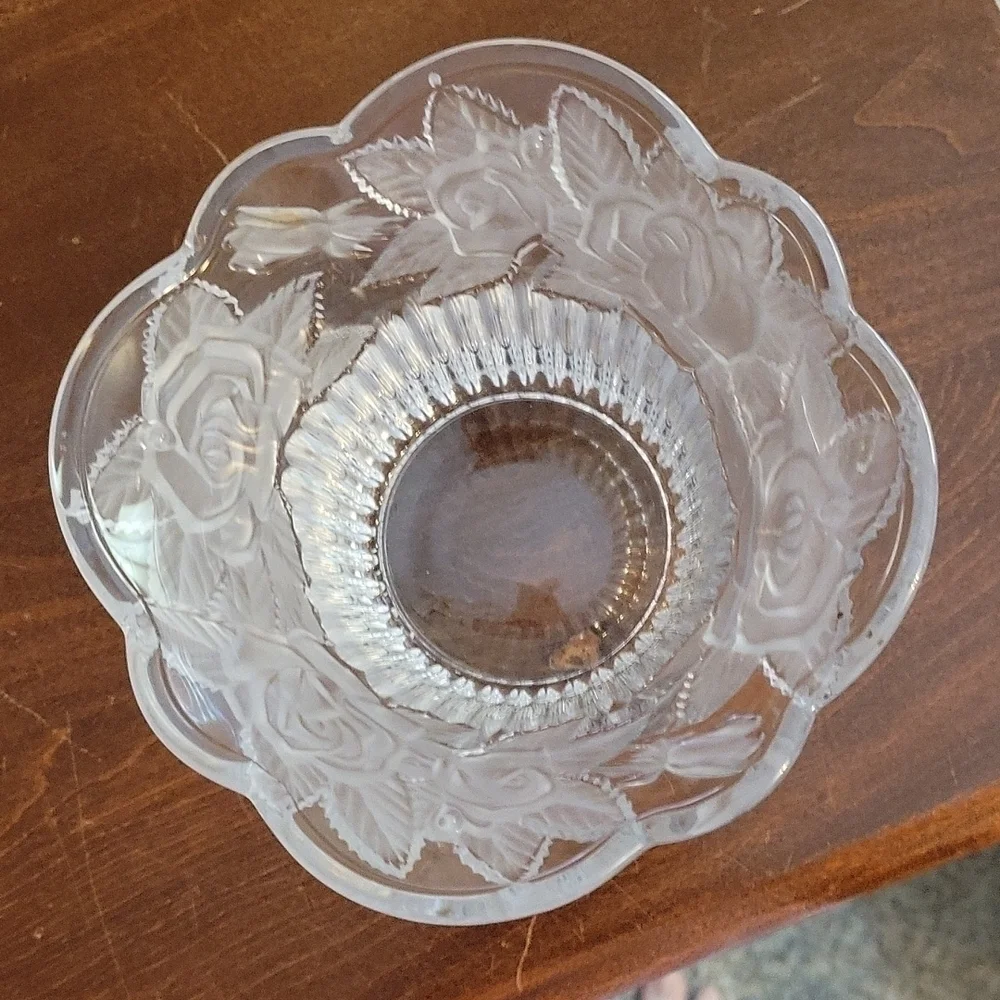 VTG Frosted Rose Clear Cut Glass Potpourri Candy Dish Vase